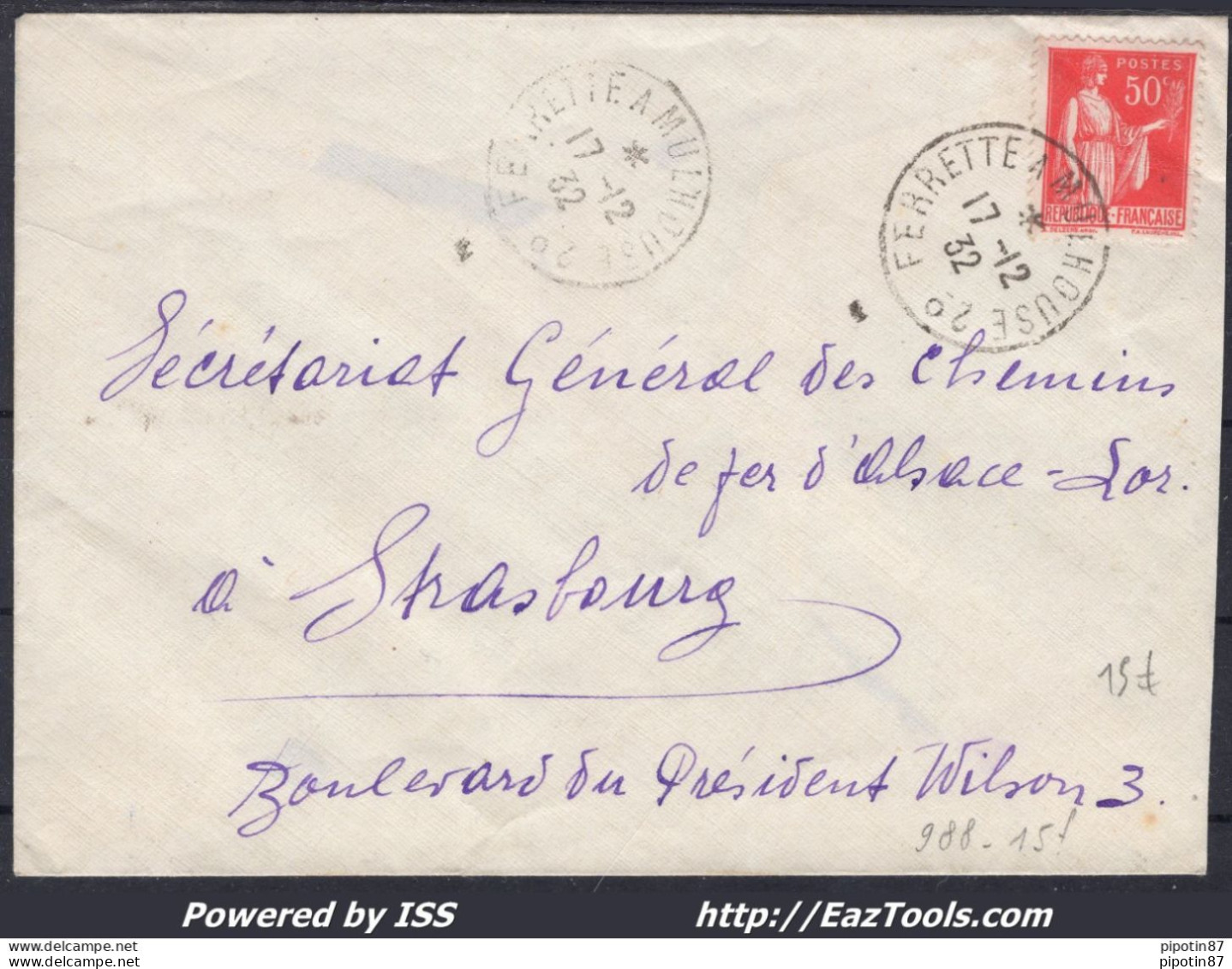 FRANCE N° 283 SUR LETTRE AVEC AMBULANT FERRETTE A MULHOUSE 2° DU 17/12/1932 - 1932-39 Paz