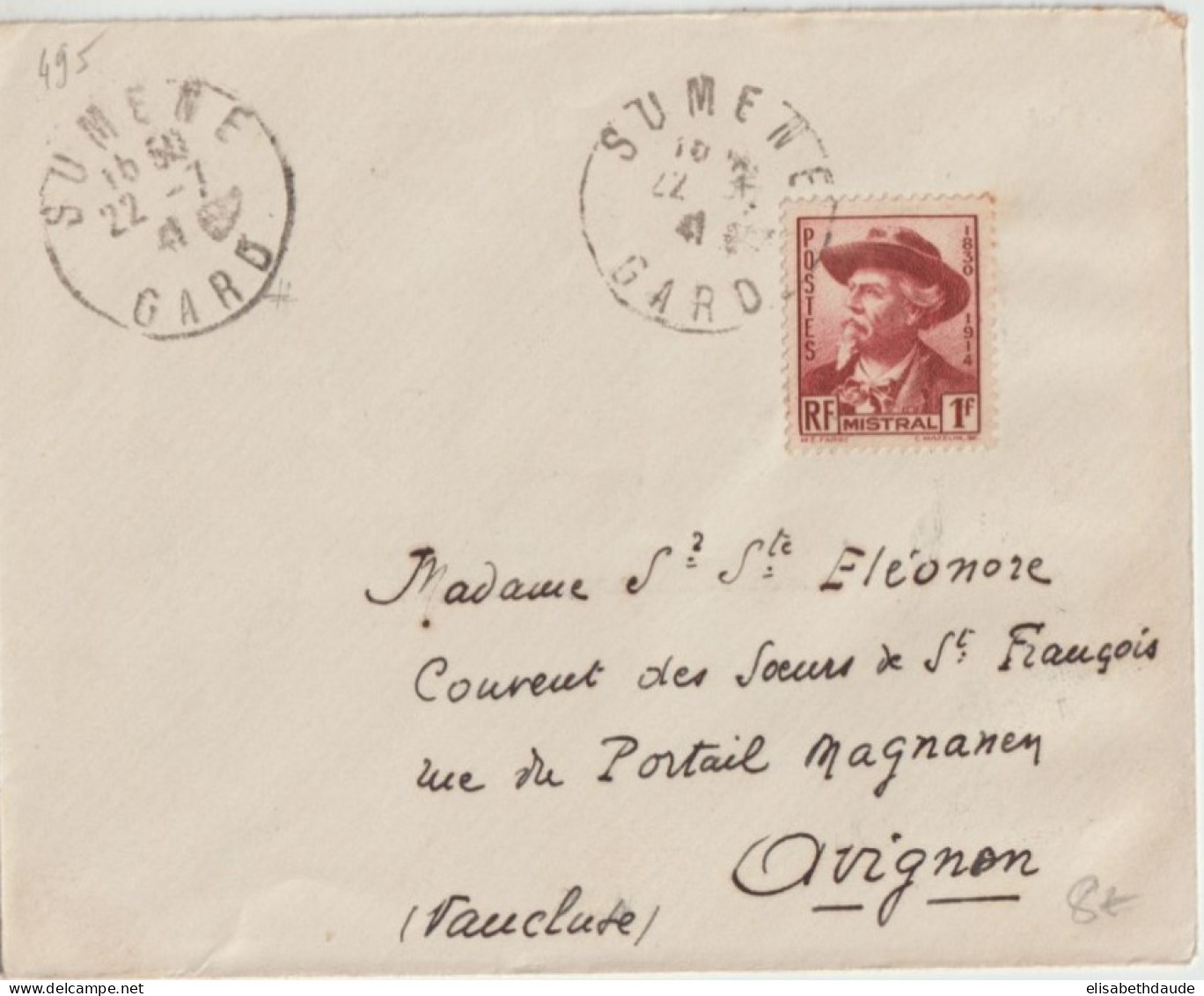 1941 - 495 (MISTRAL) SEUL SUR LETTRE De SUMENE (GARD) => AVIGNON - Lettres & Documents