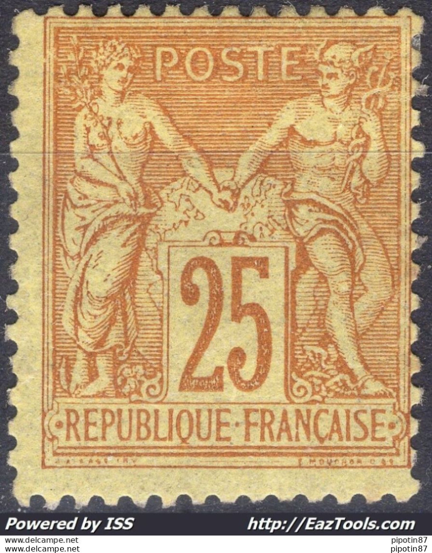 FRANCE SAGE 25c BISTRE SUR JAUNE TYPE II N SOUS U N° 92 NEUF * AVEC CHARNIERE A VOIR - 1876-1898 Sage (Type II)