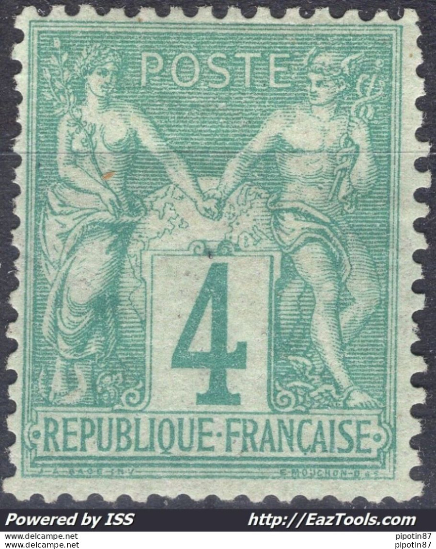 FRANCE SAGE 4c VERT TYPE I N SOUS B N° 63 NEUF * AVEC CHARNIERE - 1876-1878 Sage (Tipo I)