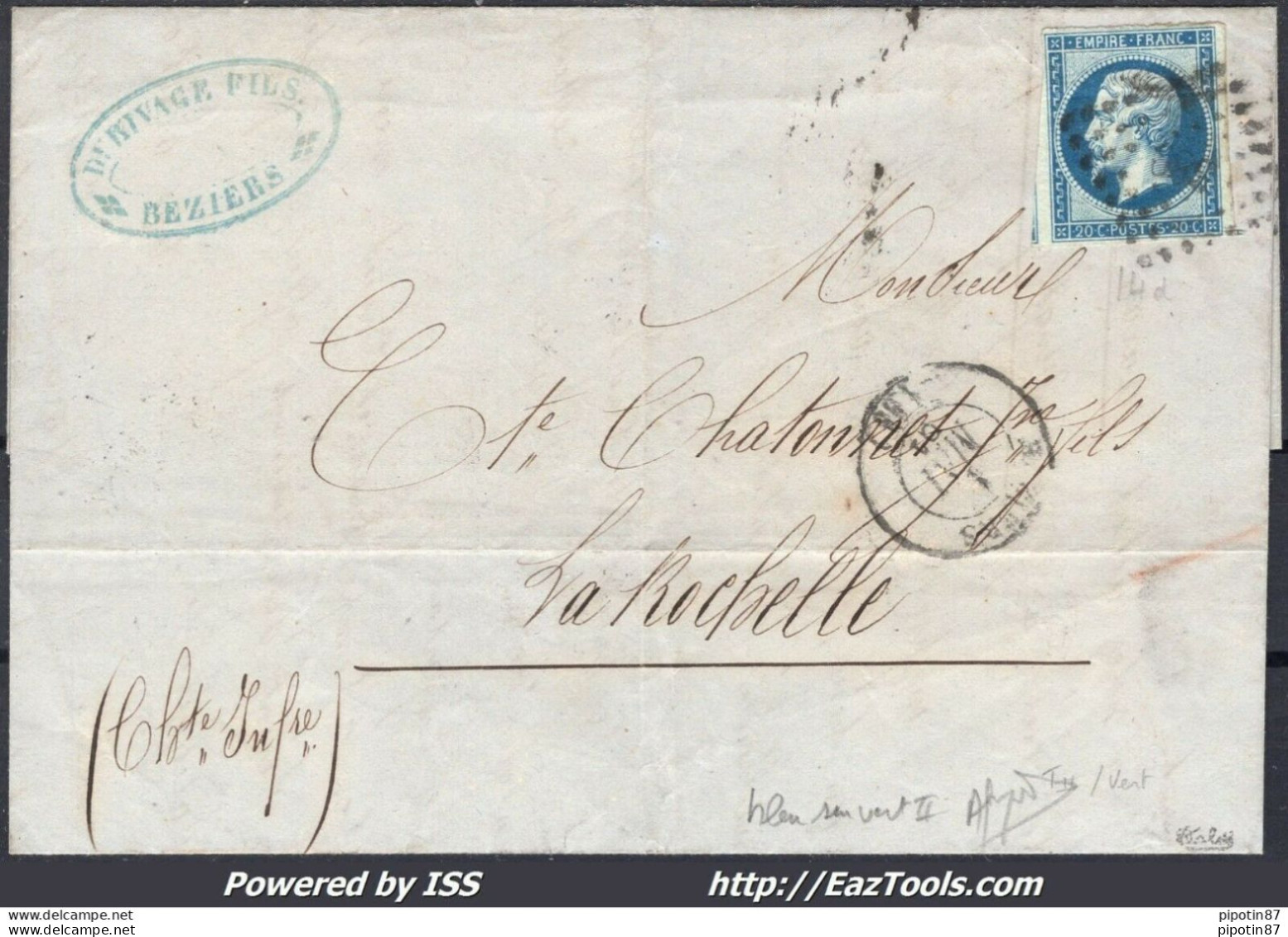 FRANCE EMPIRE 20c BLEU SUR VERT N° 14Ba SUR LETTRE POUR LA ROCHELLE SIGNÉ CALVES - 1853-1860 Napoleone III