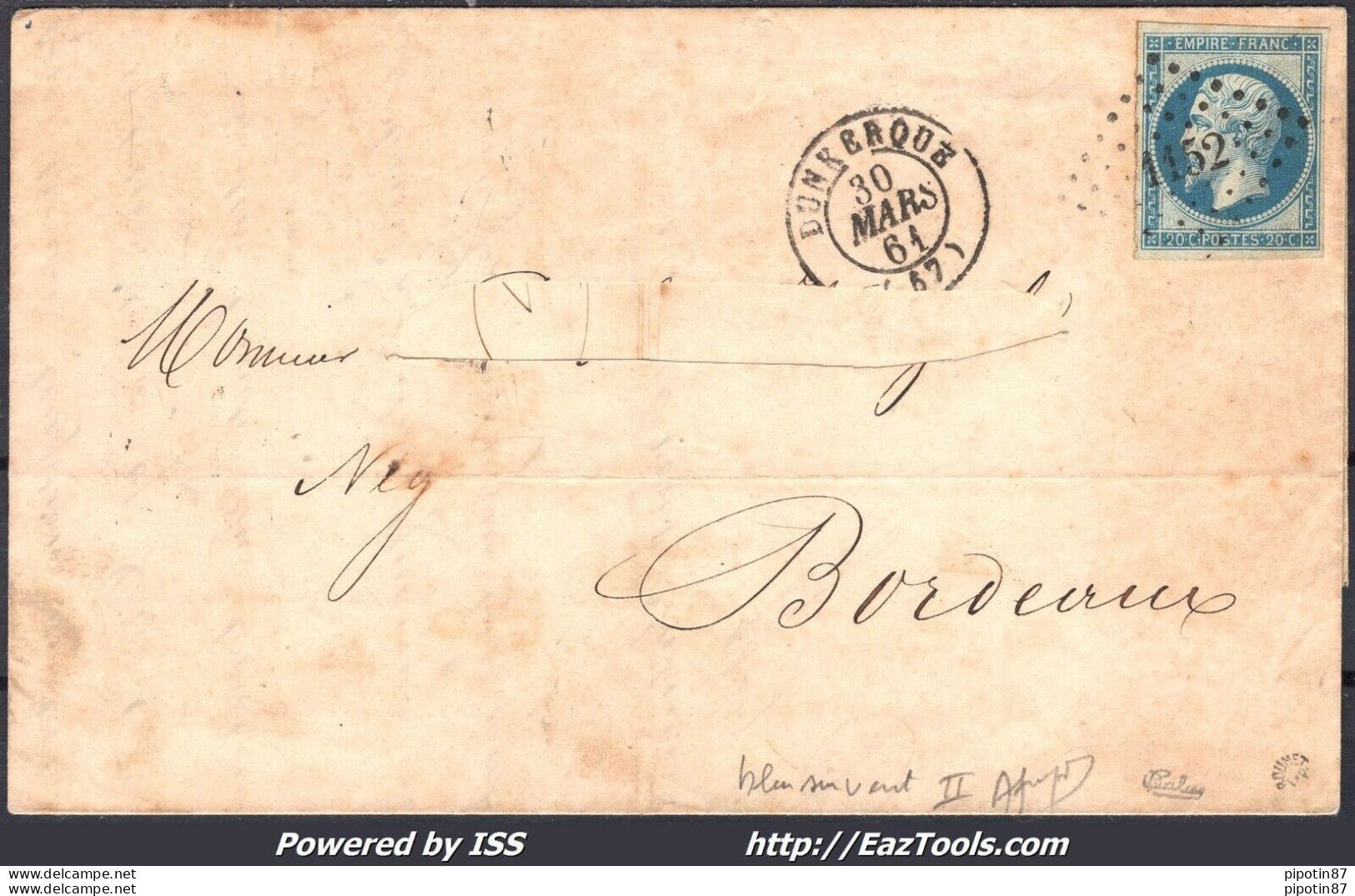 FRANCE EMPIRE 20c BLEU SUR VERT N° 14Ba SUR LETTRE PC 1152 SIGNÉ CALVES A VOIR - 1862 Napoléon III.