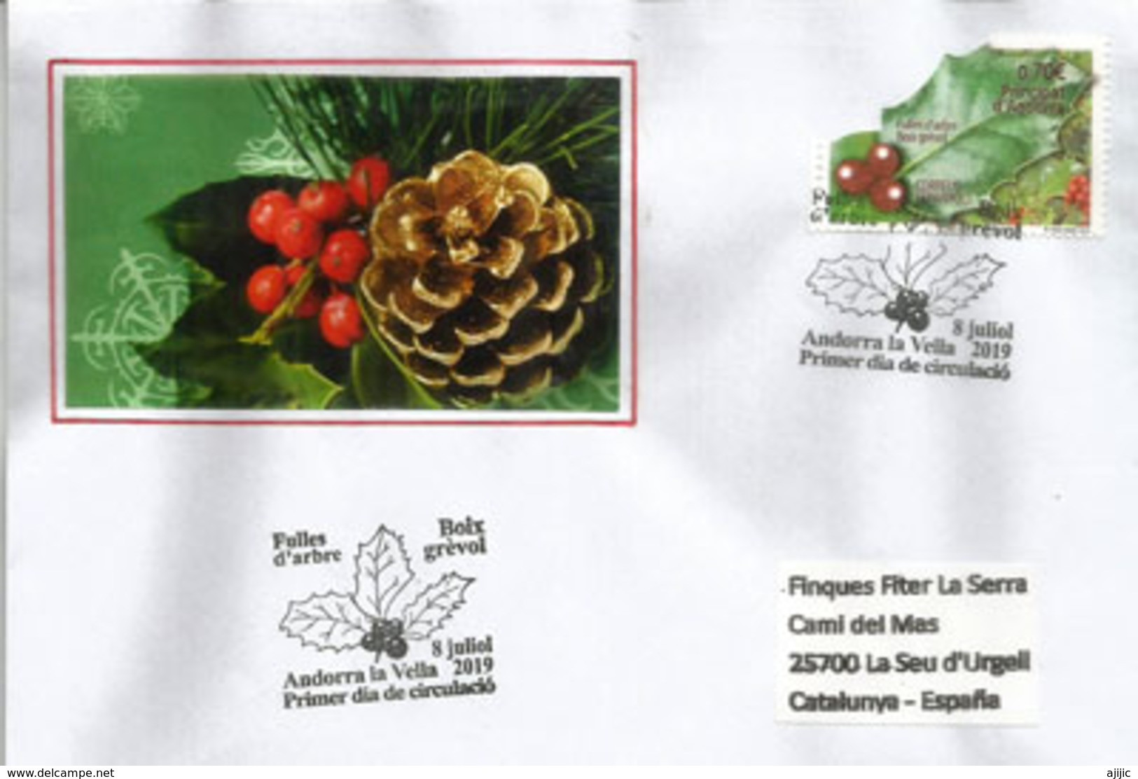 ANDORRA. European Holly.Feuille De Houx.Boix Grévol., Année 2019, FDC Adressé En Espagne - Briefe U. Dokumente