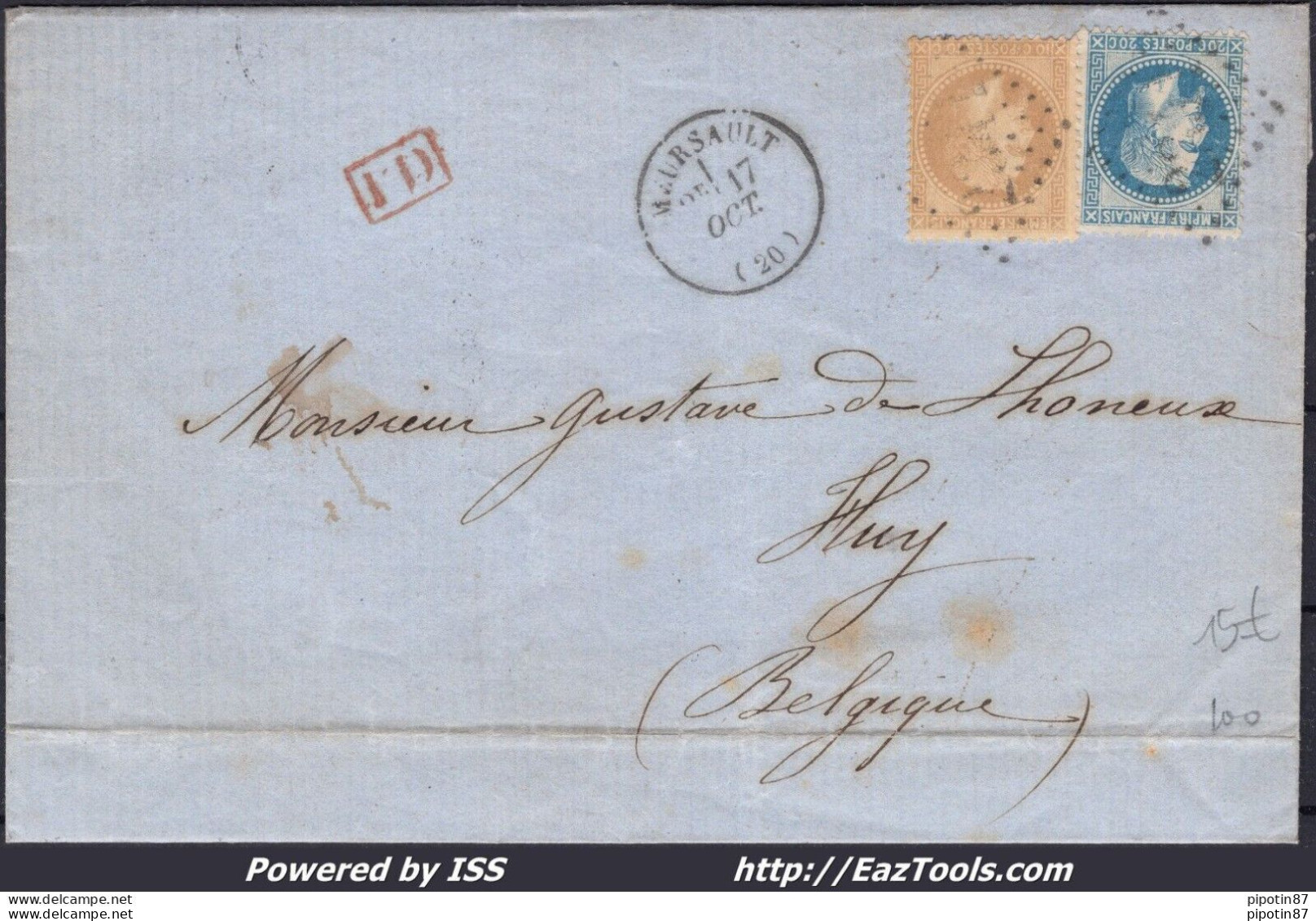 FRANCE N°28+29 SUR LETTRE POUR LA BELGIQUE GC 2341 MEURSAULT + CAD DU 17/10/1869 - 1863-1870 Napoléon III. Laure