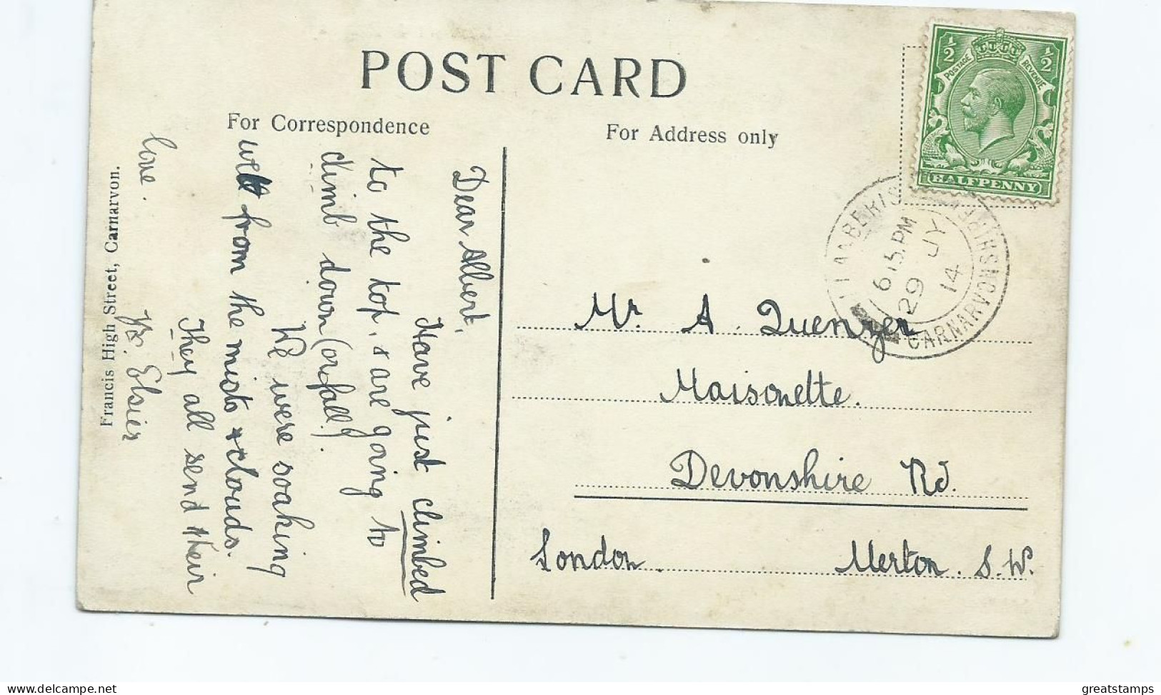 Wales Snowdon Summit And Mountain Railway Posted 1914 Special Cancel.  Postcard - Caernarvonshire