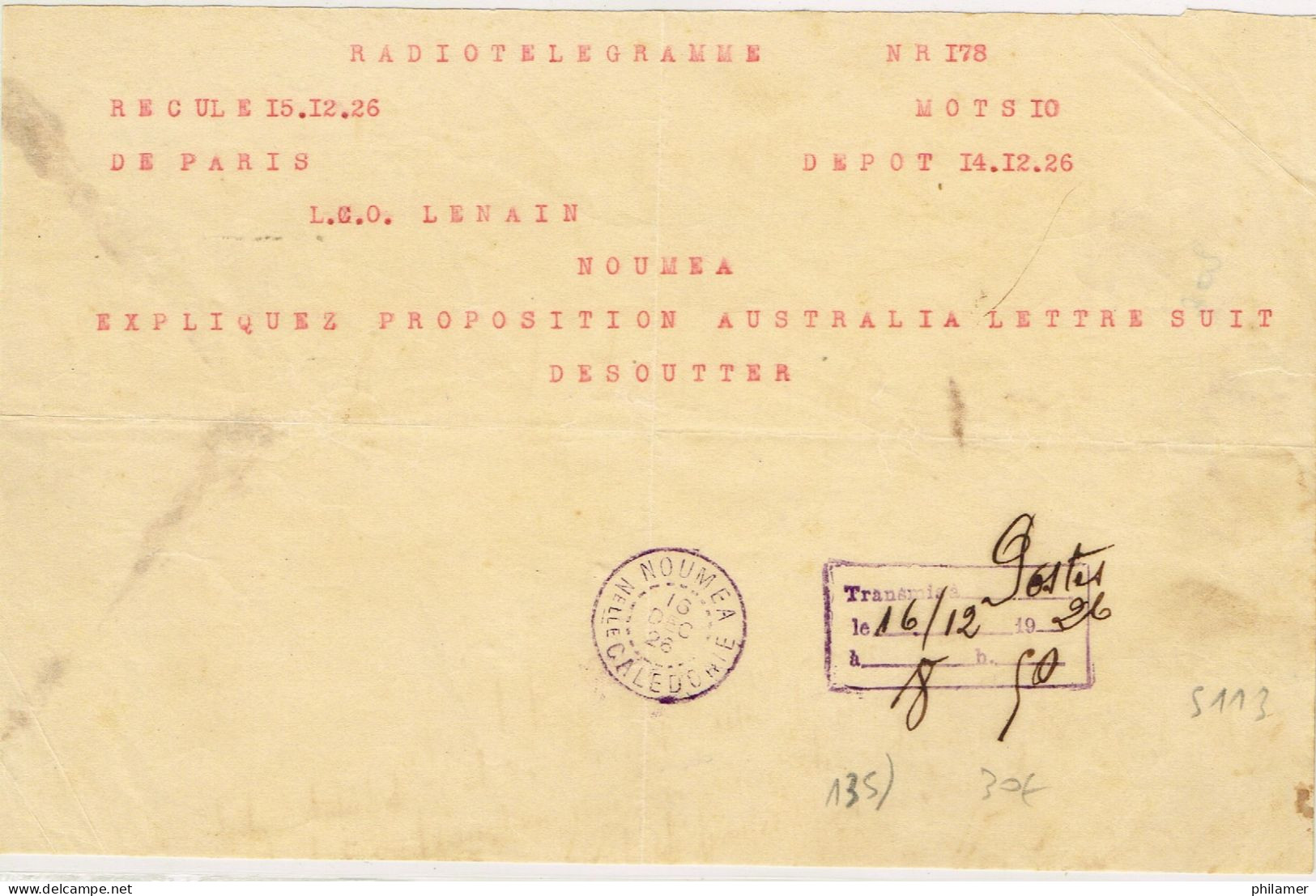 Nouvelle Caledonie Caledonia Radiotelgramme Recu De Paris Noumea Cad 15 Dec 1926 BE - Covers & Documents