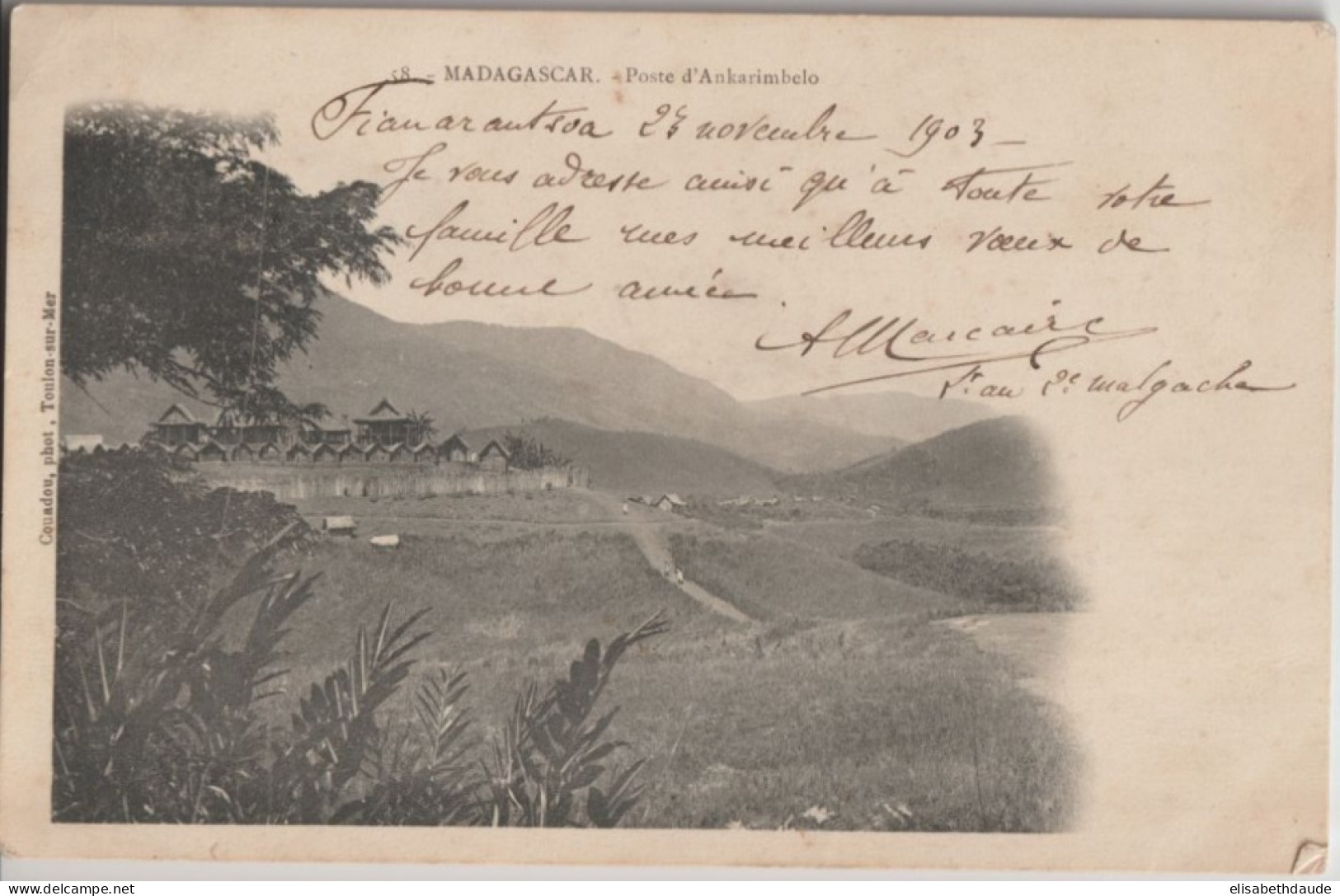 1903 - MADAGASCAR - CP De NARANTSUA ! CACHET BLEU => FONTAINE LES DIJON - Briefe U. Dokumente