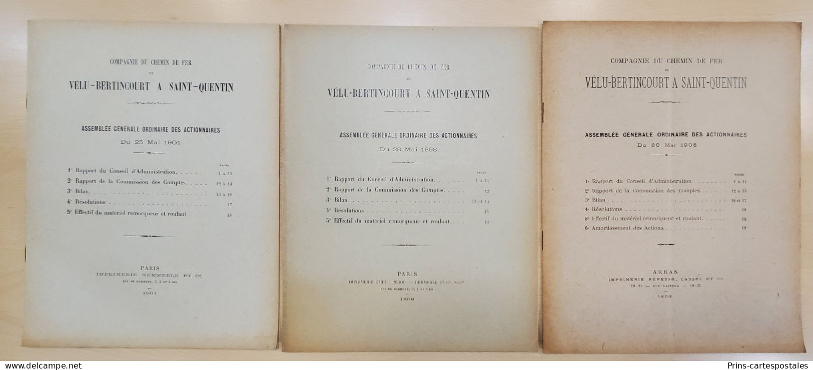 3 Recueils D'Assemblée Générale Ordinaire Des Actionnaires De La Ligne Velu Bertincourt Saint Quentin 1901 - 1898 - 1908 - Bertincourt