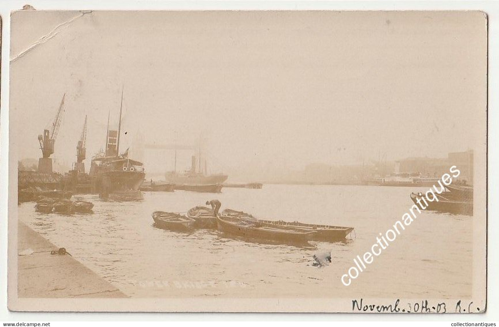 Photocarte Tower Bridge, The Thames With Boats, The Port - Circulée 30/11/1903 - Divisée -  De Londres Vers Bruxelles - River Thames