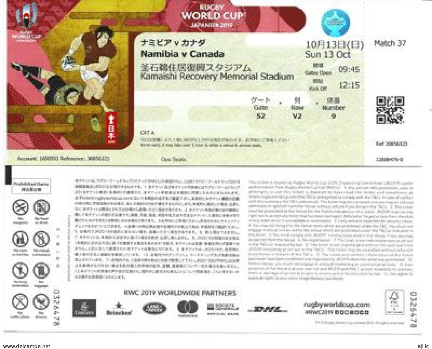 Rugby World Cup Japan 2019. Match Canada Vs Namibia. Sunday 13th October.Kamaishi Recovery Memorial Stadium Ticket - Rugby