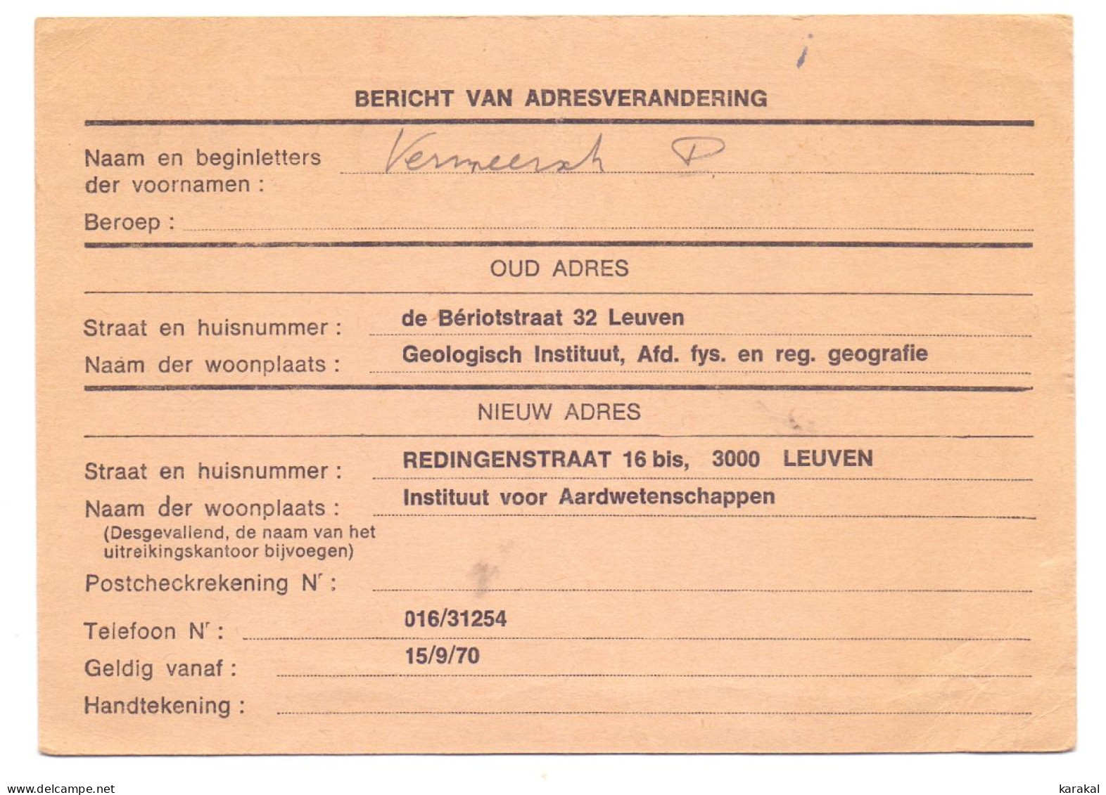 Belgique Entier Postal Stationery 15.IV 1f50 Bericht Van Adresverandering Leuven Flamme Vermeld De Postnummers - Avviso Cambiamento Indirizzo