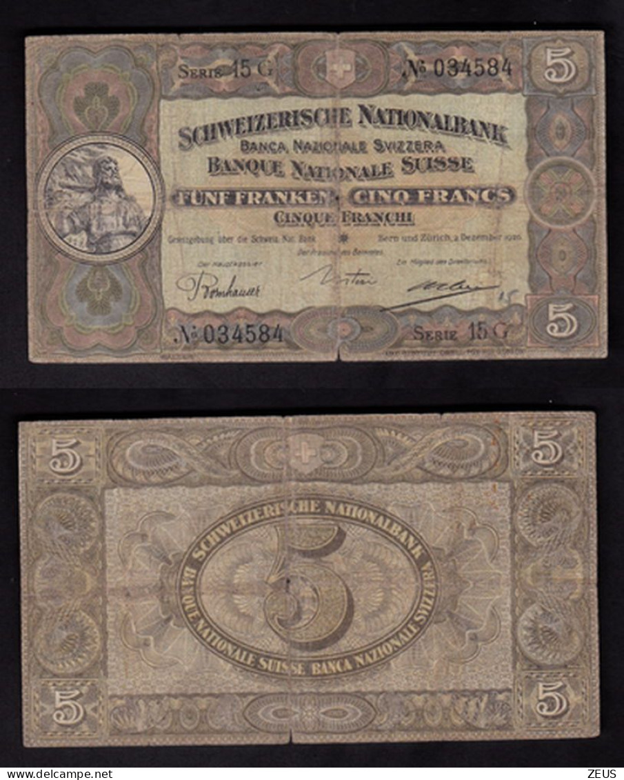 SVIZZERA 5 FRANCHI 1926 PIK 11G  MB-BB - Suisse