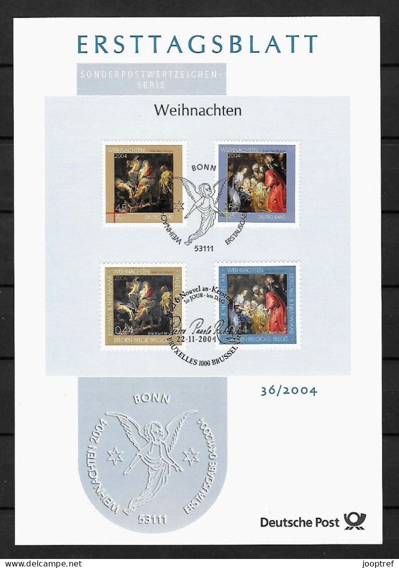 2004 Joint Germany And Belgium, OFFICIAL MIXED FDC CARD  2+2 STAMPS: Christmas - Gezamelijke Uitgaven