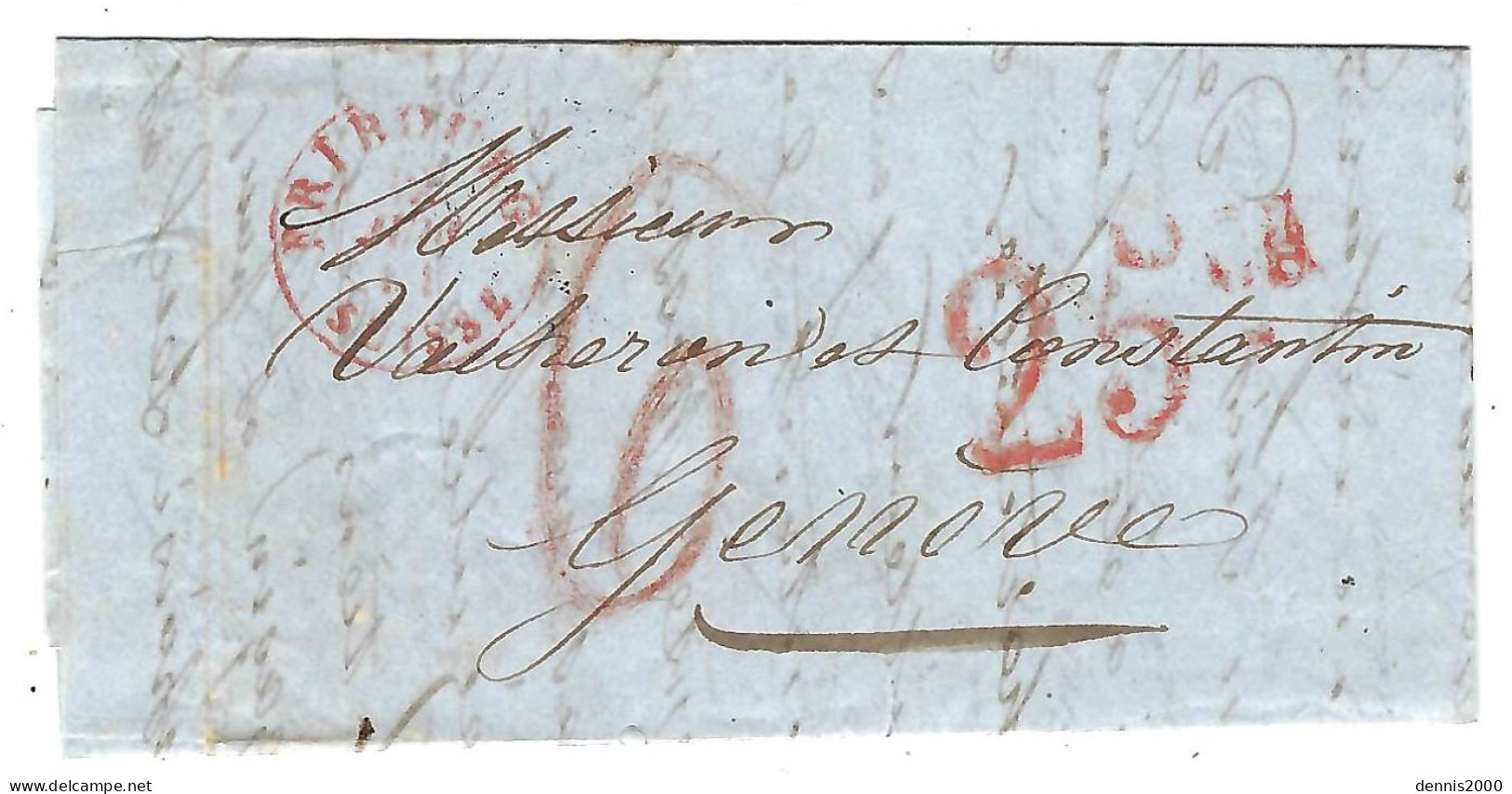 1851- Lettre De FRIBOURG Pour Genova  -  Taxes Crayon Et Tampon 25 CS  - Au Dos, Taxe 25 Crayon Rouge - 1843-1852 Kantonalmarken Und Bundesmarken