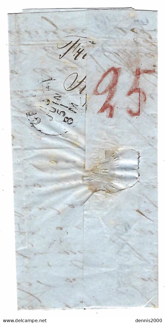 1851- Lettre De FRIBOURG Pour Genova  -  Taxes Crayon Et Tampon 25 CS  - Au Dos, Taxe 25 Crayon Rouge - 1843-1852 Federale & Kantonnale Postzegels