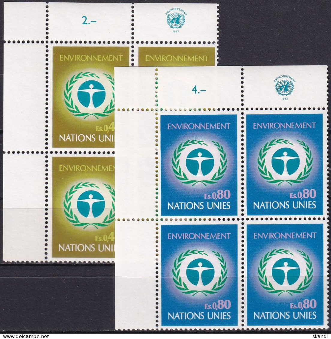 UNO GENF 1972 Mi-Nr. 25/26 Eckrand-Viererblocks ** MNH - Unused Stamps