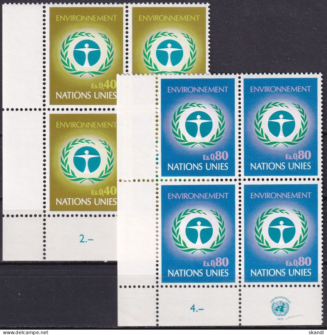 UNO GENF 1972 Mi-Nr. 25/26 Eckrand-Viererblocks ** MNH - Unused Stamps
