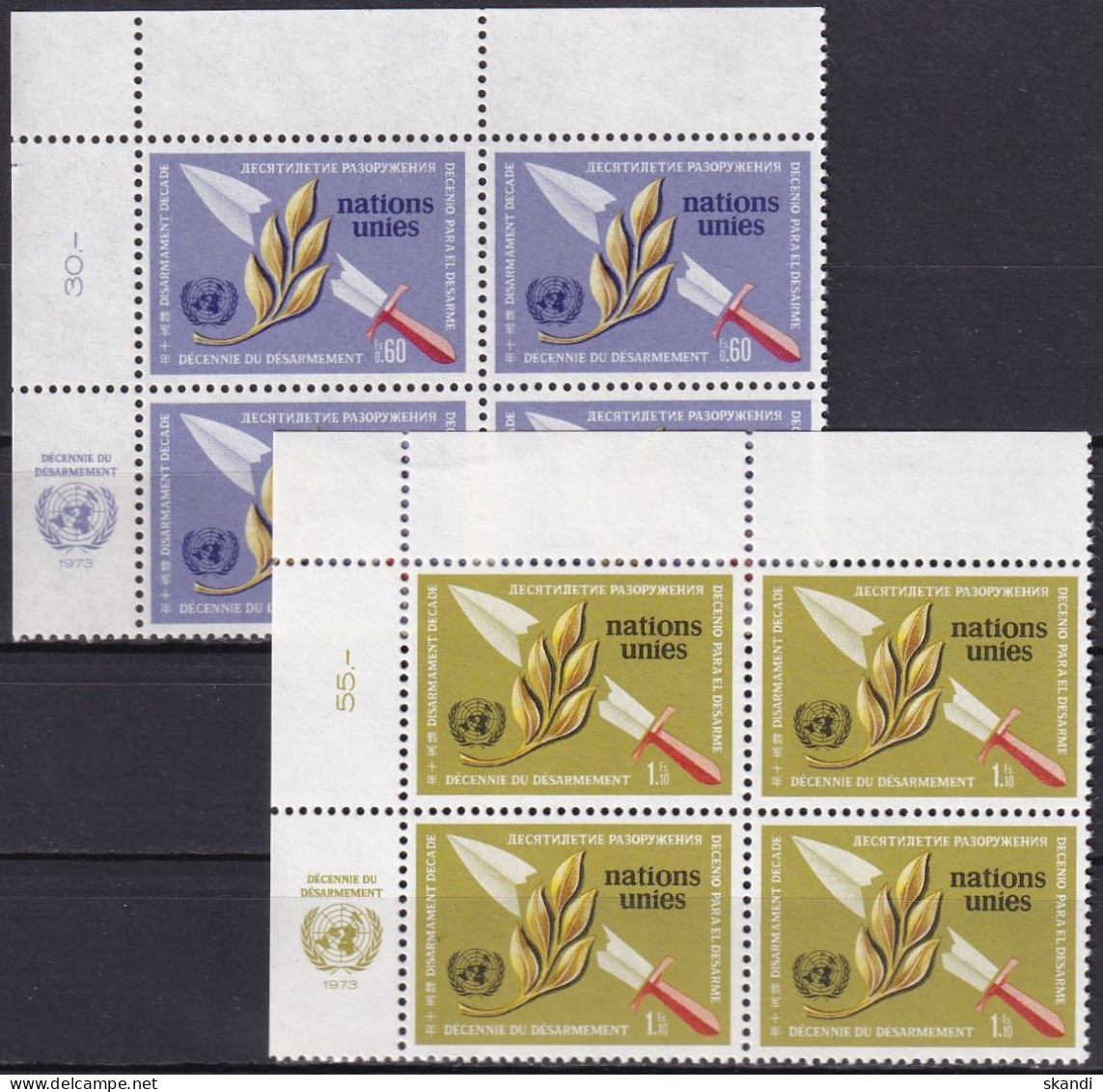 UNO GENF 1973 Mi-Nr. 30/31 Eckrand-Viererblocks ** MNH - Unused Stamps