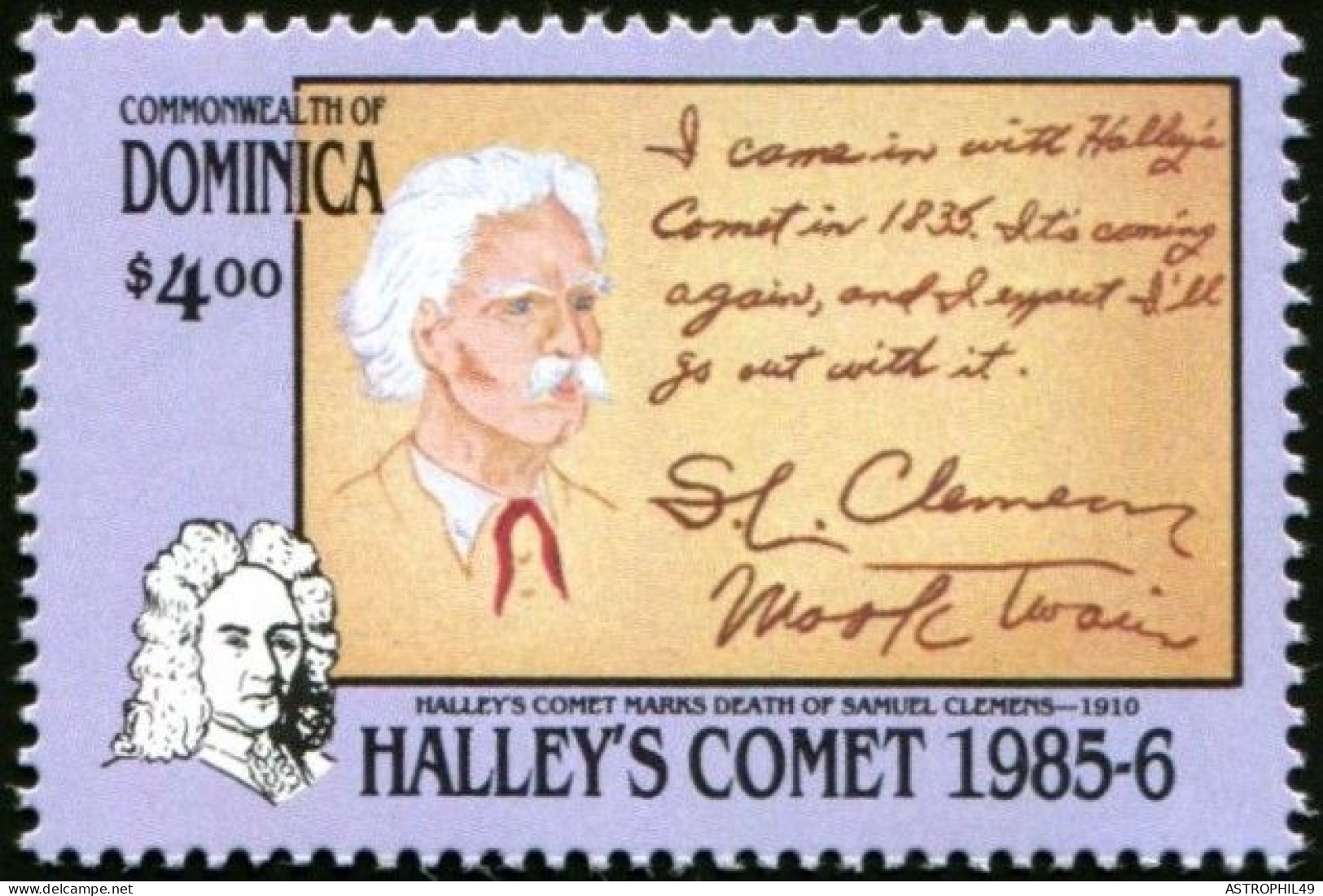 Dominique 1986; Comète Halley, Mark Twain; Yt897 S894-7 - Amérique Du Nord