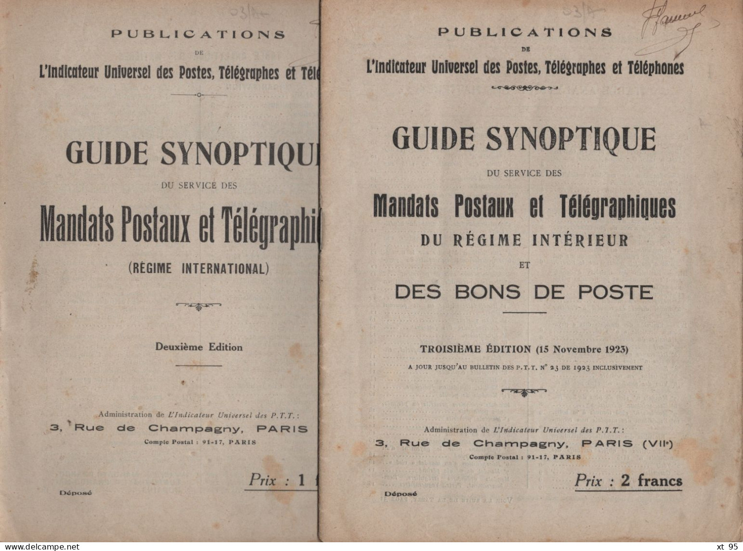 Guide Synoptique Mandats Postaux Et Telegraphiques - Regime Interieur + International - Bons De Poste - 1923 - Other & Unclassified