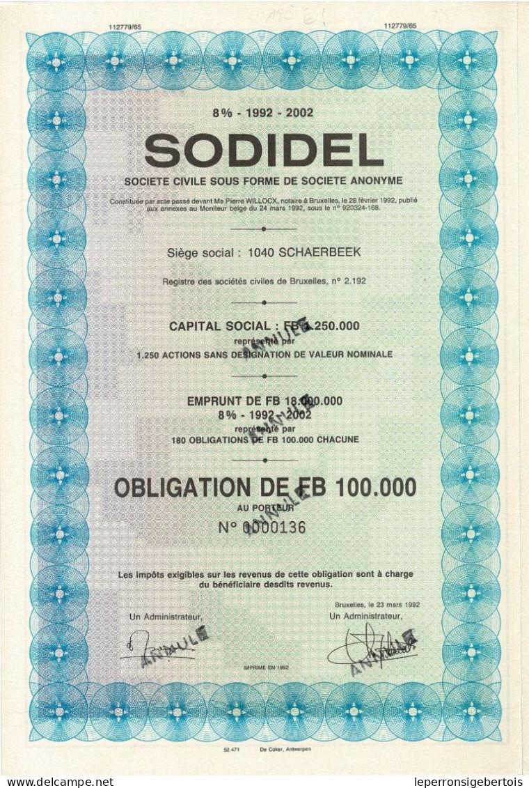 - Obligation De 1992 - SODIBEL - Emprunt 1992-2002 8 % - Rare - S - V