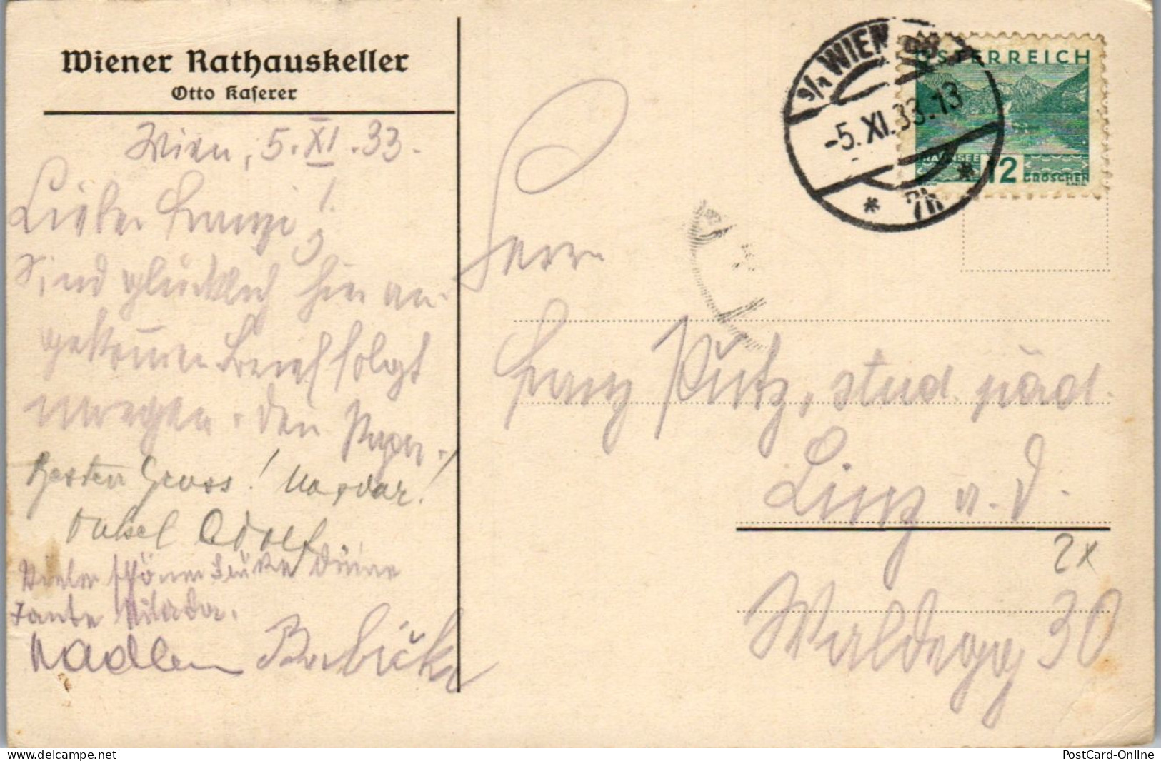 46014 - Wien - Wiener Rathauskeller , Grinzinger Keller , Grinzing , Otto Kaferer - Gelaufen 1933 - Grinzing