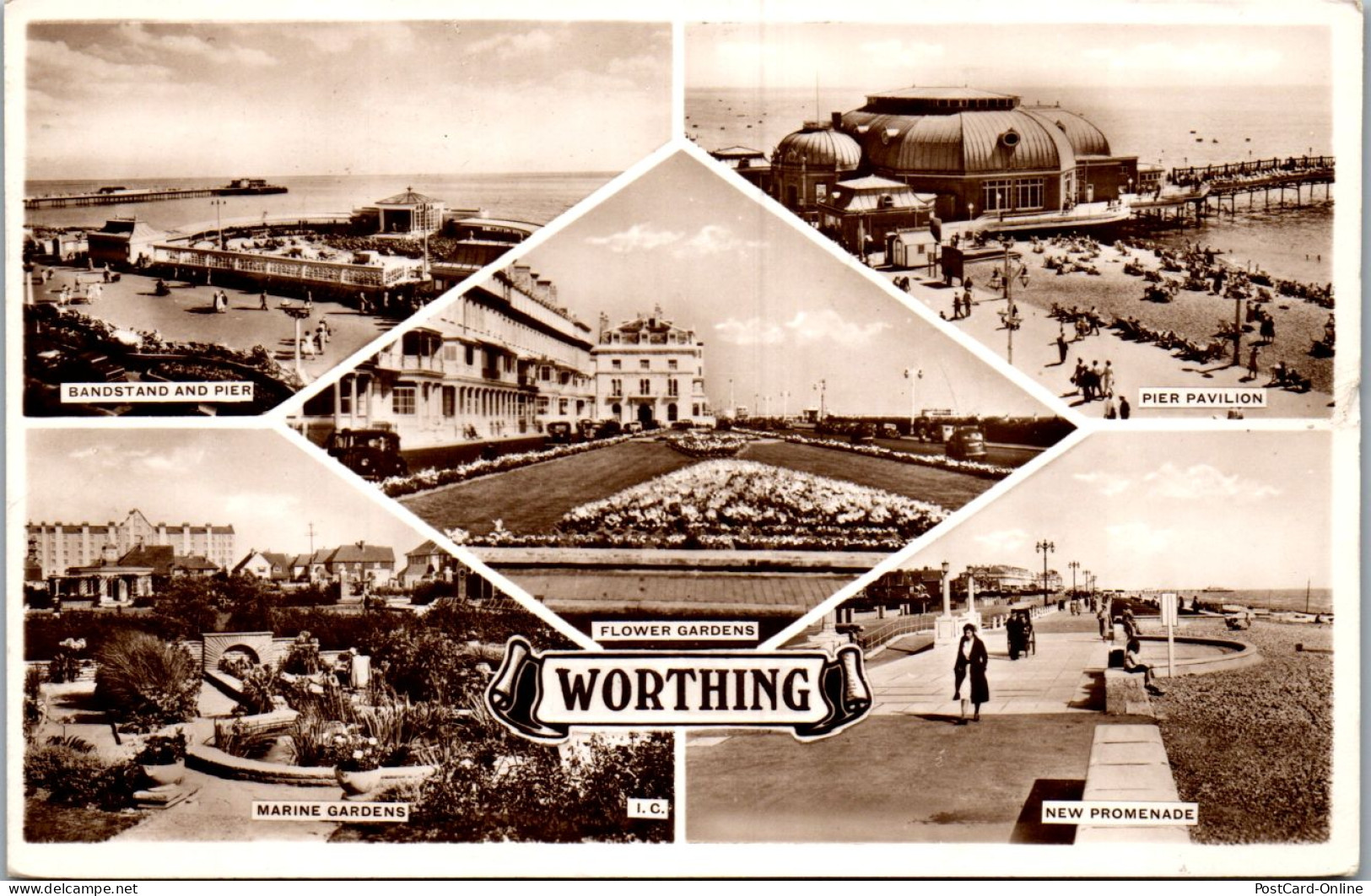 46001 - Großbritannien - Worthing , Bandstand And Pier , Marine Gardens , New Promenade - Gelaufen 1951 - Worthing