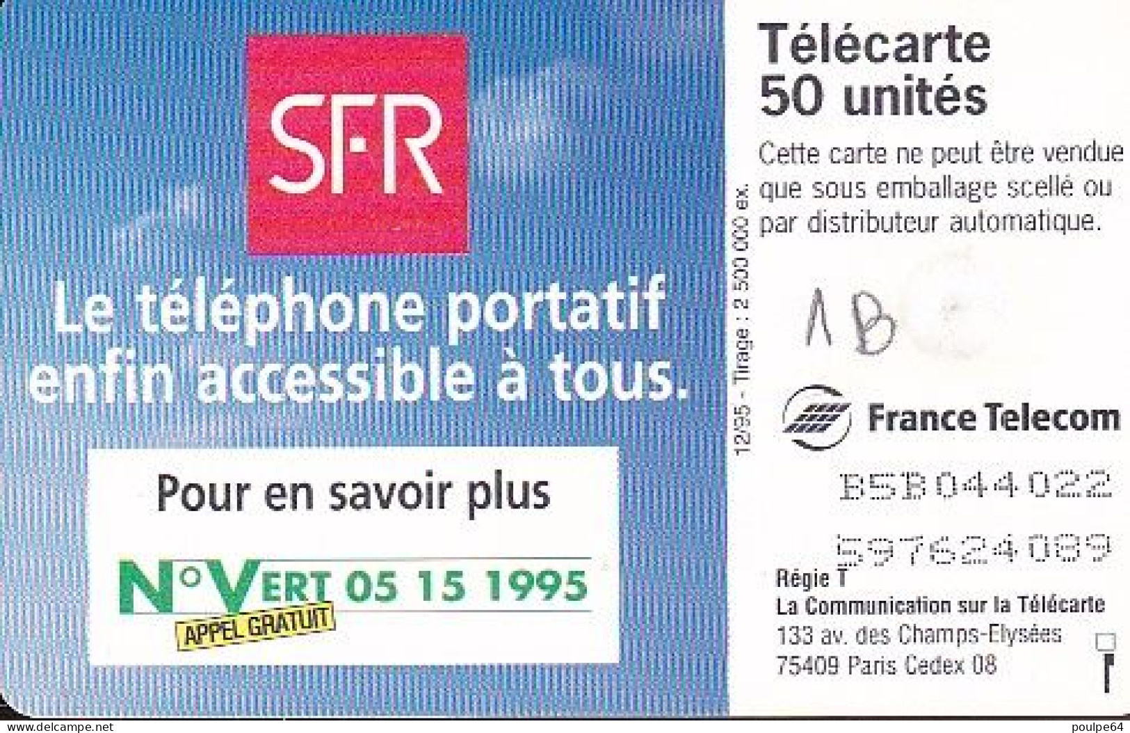 F615A- 12/1995 - SFR V° " Le Téléphone Portatif " - 50 GEM1B - 1995