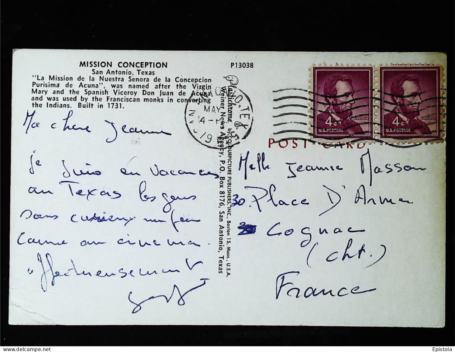 ► Mission Conception  Stamped 1960s For France.    San Antonio . Texas (Pli  En Coin) - San Antonio