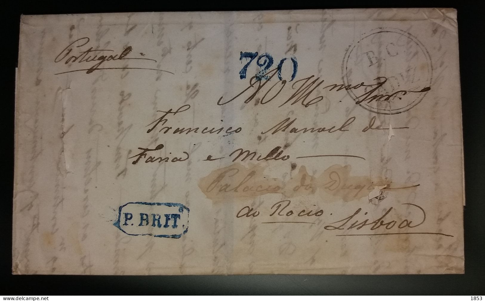 1854 - CORREIO MARITIMO - PAQUETE BRITANICO - B.C CADIZ - CORTES DE DESINFECTAÇÂO - Cartas & Documentos