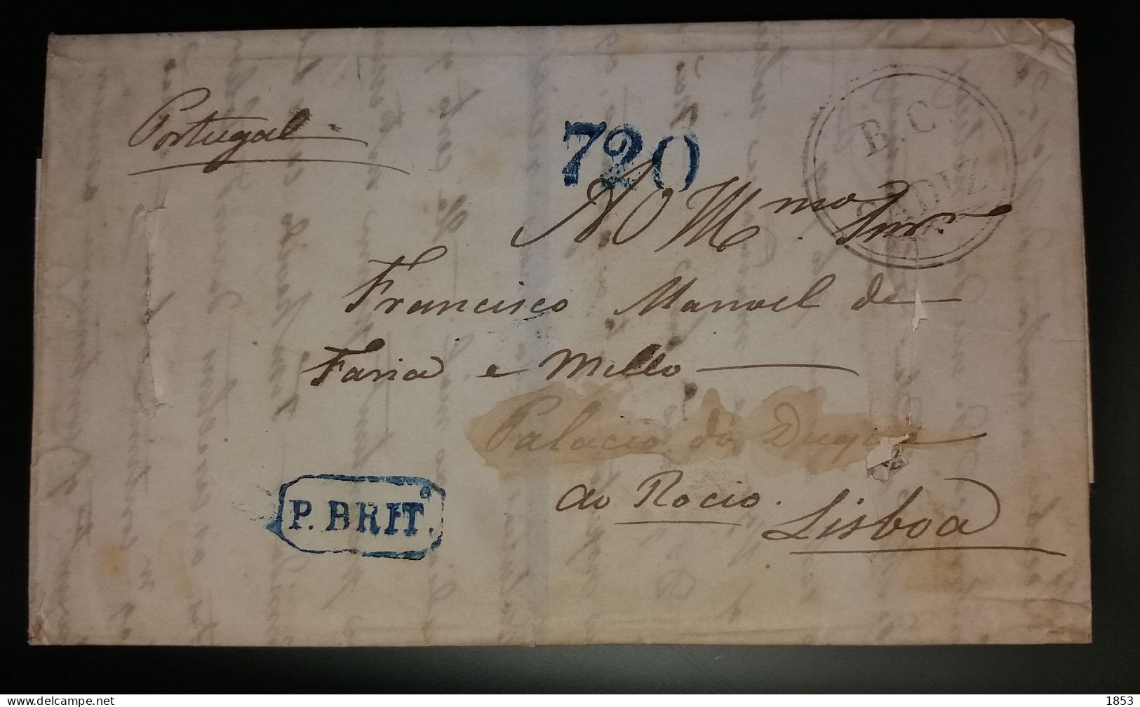 1854 - CORREIO MARITIMO - PAQUETE BRITANICO - B.C CADIZ - CORTES DE DESINFECTAÇÂO - Covers & Documents