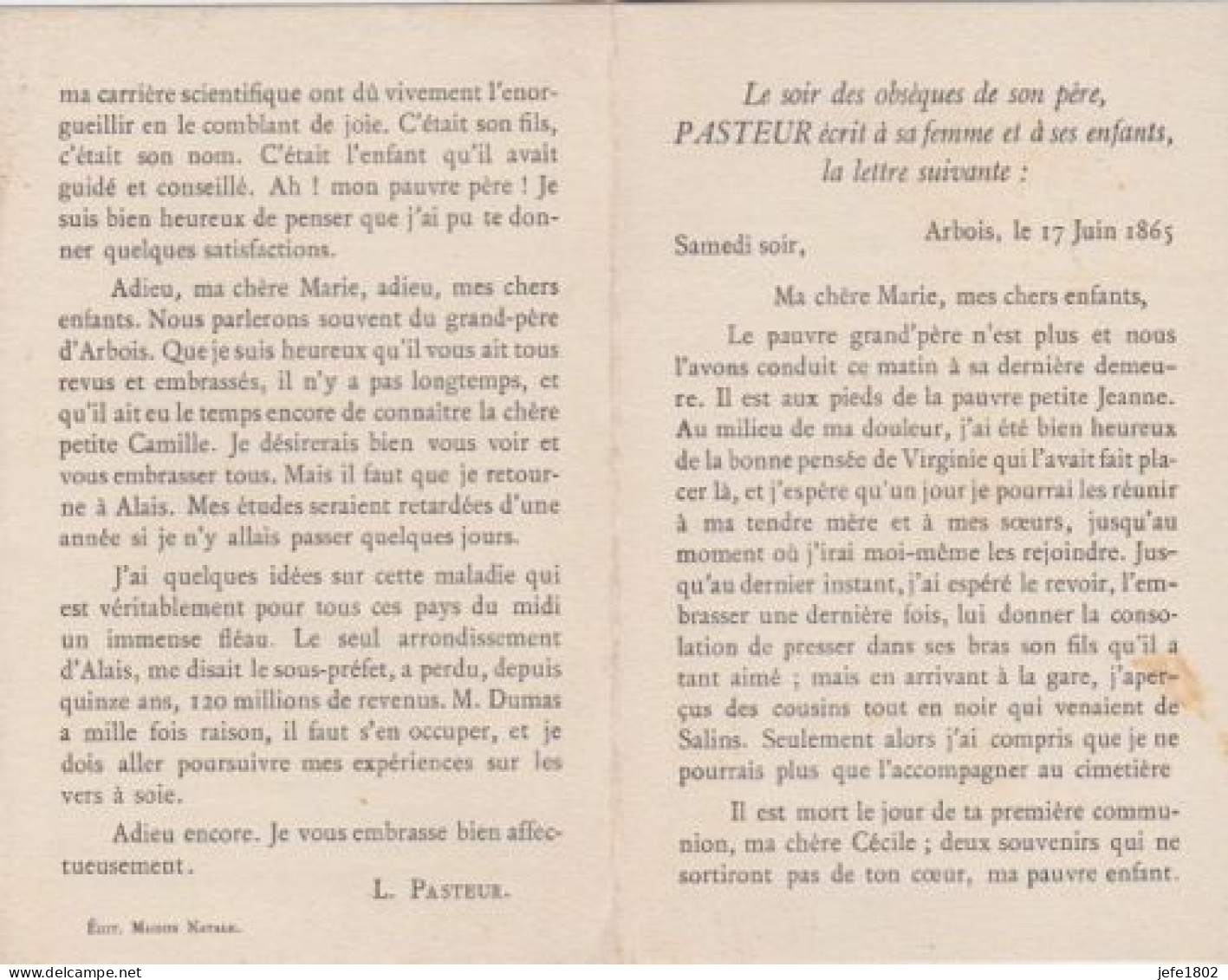 L. PASTEUR - Lettre Le Soir Des Obsèques De Son Père à Arbois Le 17 Juin 1865 / Discours à Dole Le 14 Juillet 1885 - Louis Pasteur