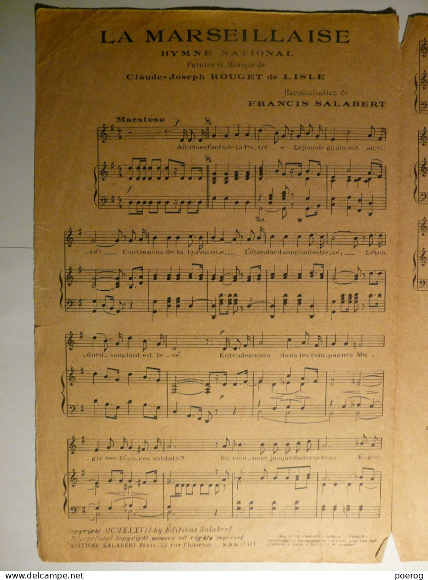 LA MARSEILLAISE - PARTITIONS & PAROLES - 1938 - EDITIONS SALABERT - ROUGET DE LISLE - HYMNE NATIONAL - Partitions Musicales Anciennes