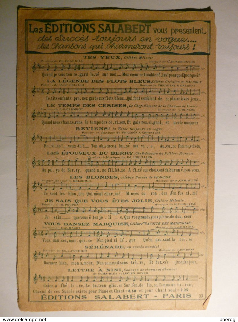 LA MARSEILLAISE - PARTITIONS & PAROLES - 1938 - EDITIONS SALABERT - ROUGET DE LISLE - HYMNE NATIONAL - Partitions Musicales Anciennes