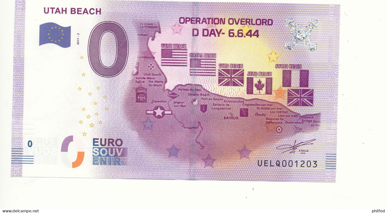 Billet Souvenir - 0 Euro - UELQ - 2017-2 - UTAH BEACH OPERATION OVERLORD - D DAY- 6.6.44 -  N° 1203 - Billet épuisé - Prove Private