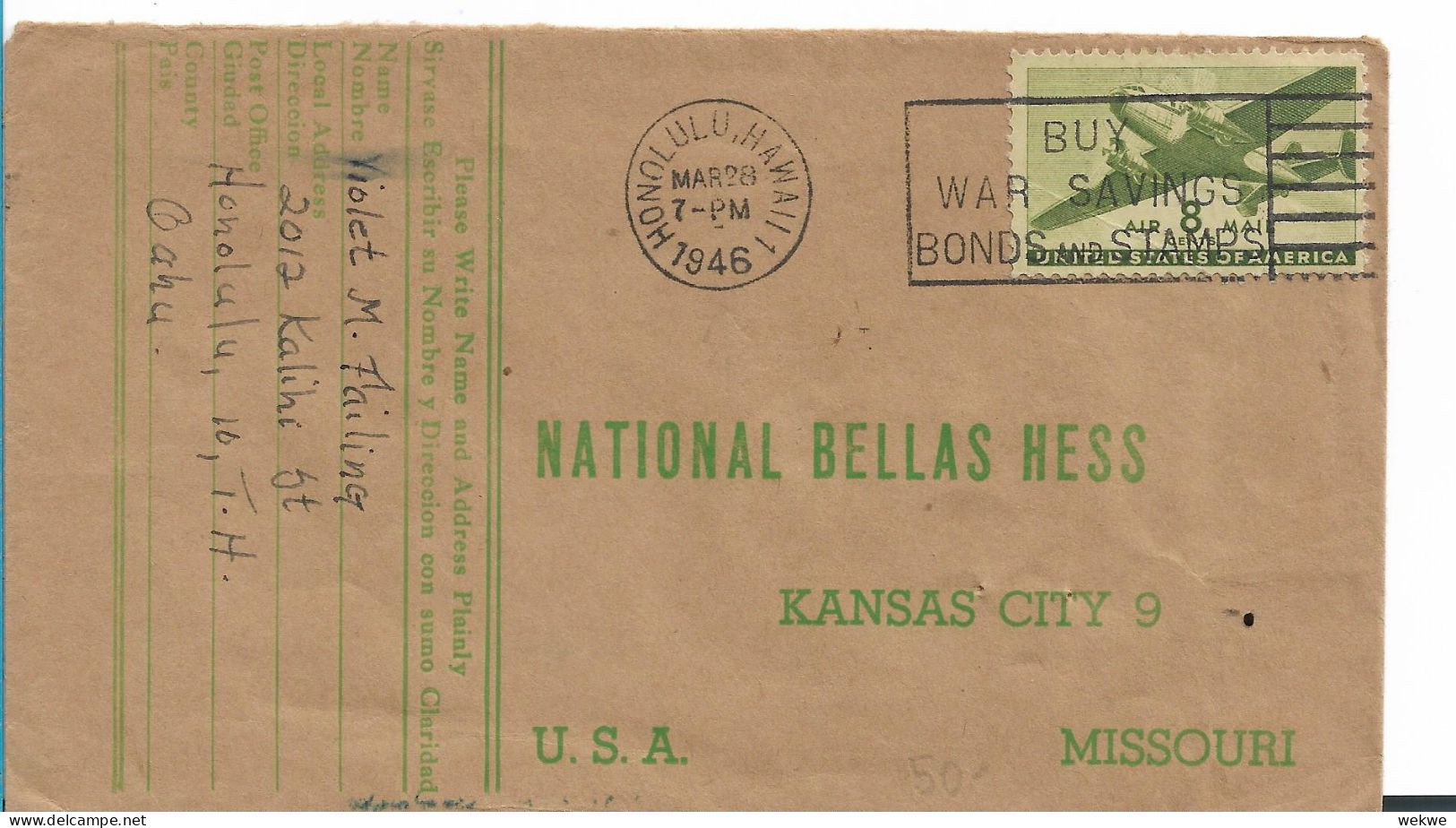 USA HAWAII 042 / Mit Luftpost Nach Kansas City 1946 - Hawaï