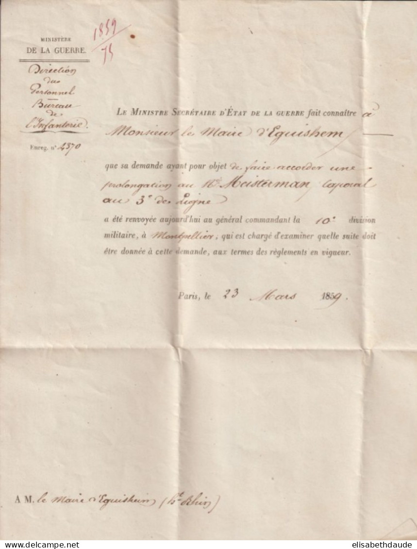 1859 - MINISTERE Des ARMEES - LETTRE En FRANCHISE Avec RARE AMBULANT BUREAU EST AU DOS => EGUISHEIM (HAUT-RHIN) - Army Postmarks (before 1900)