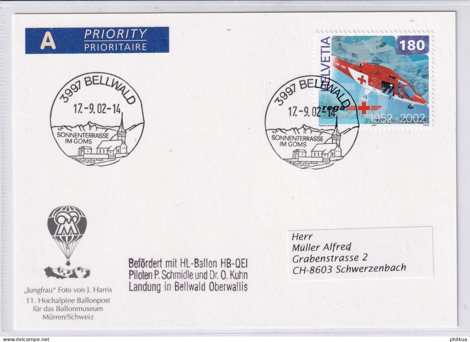 11. Hochalpen Ballonpost Karte - Landung In BELLWALD - MiNr. 1784 Schweiz 17.9.2002 - Autres & Non Classés