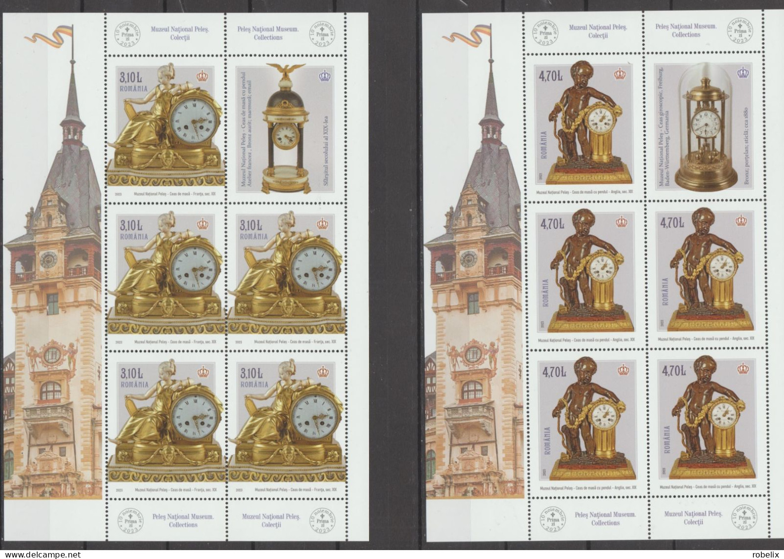 ROMANIA 2023  PELEȘ NATIONAL MUSEUM -COLLECTIONS - CLOCKS -  MiniSheet Of 5 Stamps+1label+iillustrated Border MNH** - Relojería
