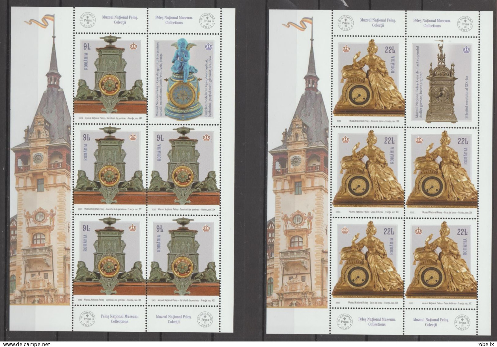 ROMANIA 2023  PELEȘ NATIONAL MUSEUM -COLLECTIONS - CLOCKS -  MiniSheet Of 5 Stamps+1label+iillustrated Border MNH** - Relojería