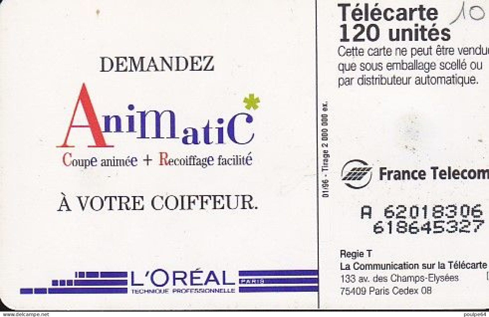 F621- 01/1996 - ANIMATIC - 120 SO3 - (verso : N° Deux Lignes - 2ème Ligne Vers La Droite) - 1996