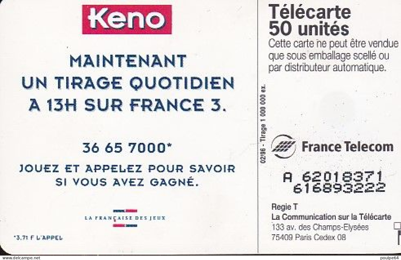 F624 02/1996 - KENO 96 - 50 SO3 - (verso : N° Deux Lignes - 2ème Ligne Vers La Droite) - 1996