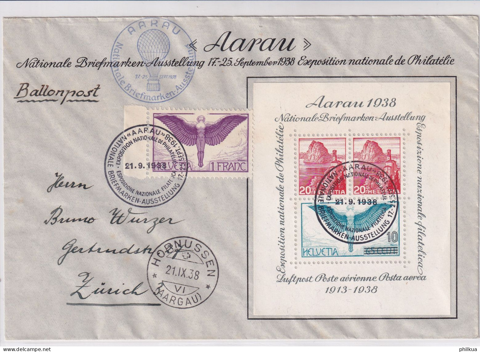 NABA AARAU Ballonpost Brief - Landung In HORNUSSEN (AG) - MiNr. 191z, A 327 - B 327 (Block 4) Schweiz 21.9.1938 - Altri & Non Classificati