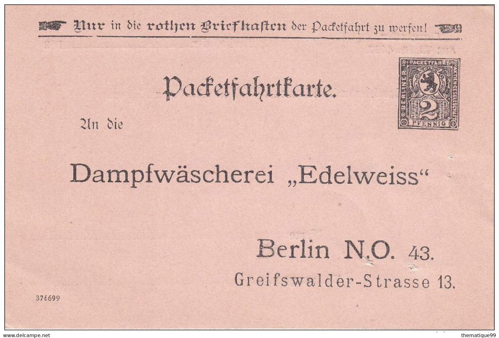 Entier De La Poste Locale Allemande De Berlin Timbrée Sur Commande (vers 1890) : Edelweiss, Laverie Linge Vapeur Hygiène - Andere & Zonder Classificatie