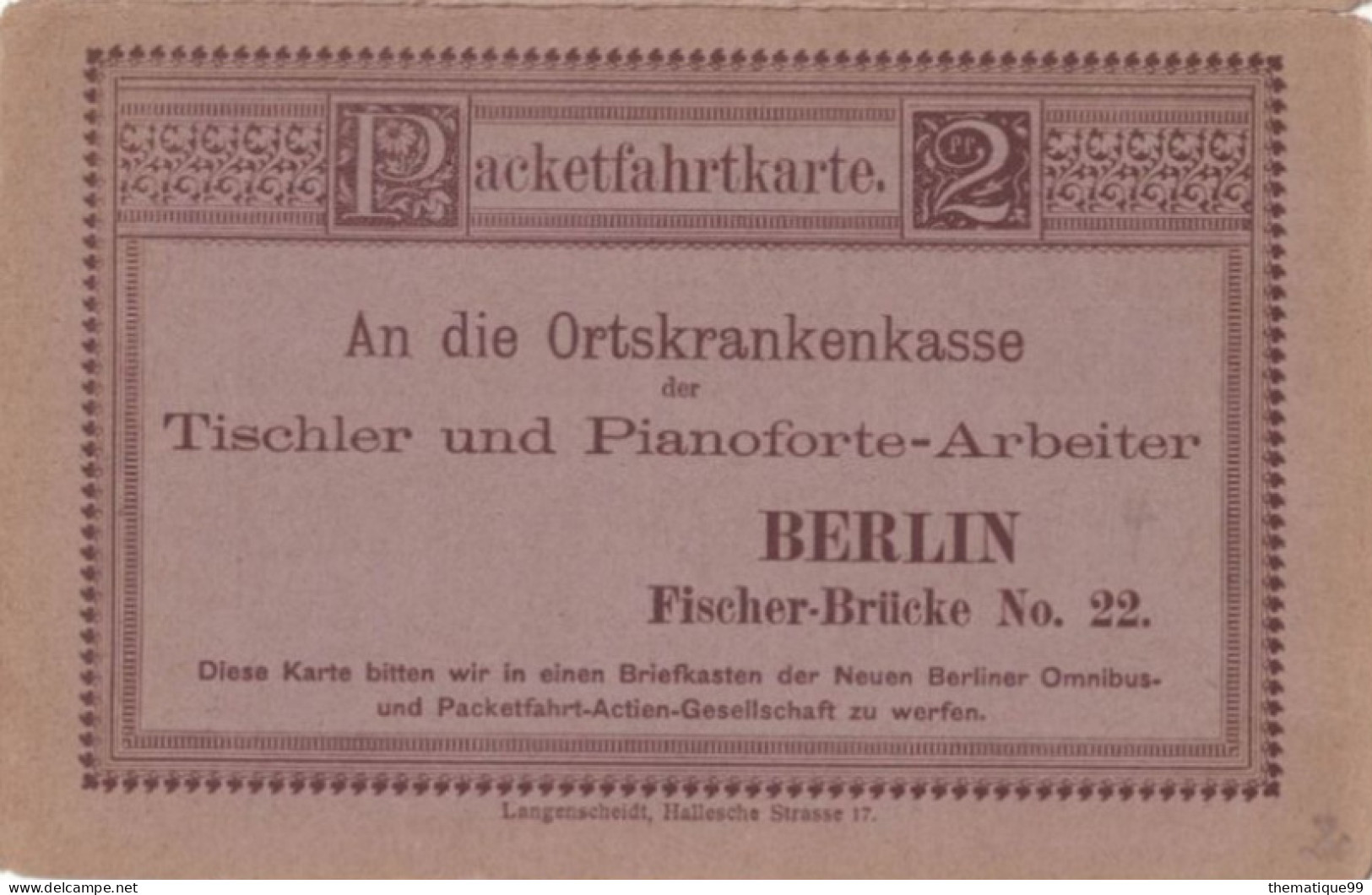 Entier De La Poste Locale Allemande De Berlin Avec Réponse Payée (1887) : Caisse Sociale Des Facteurs De Pianos - Music
