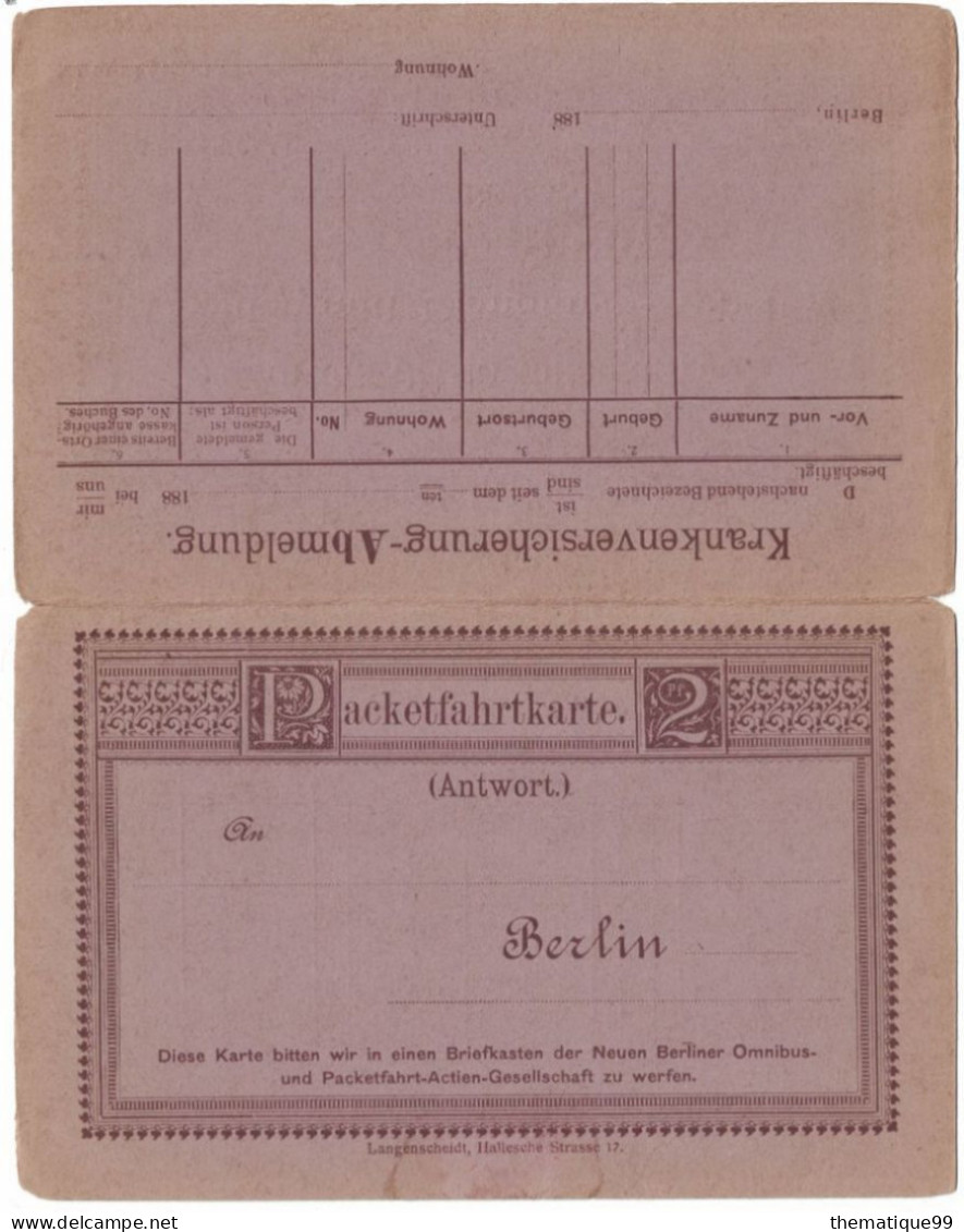 Entier De La Poste Locale Allemande De Berlin Avec Réponse Payée (1887) : Caisse Sociale Des Facteurs De Pianos - Musique