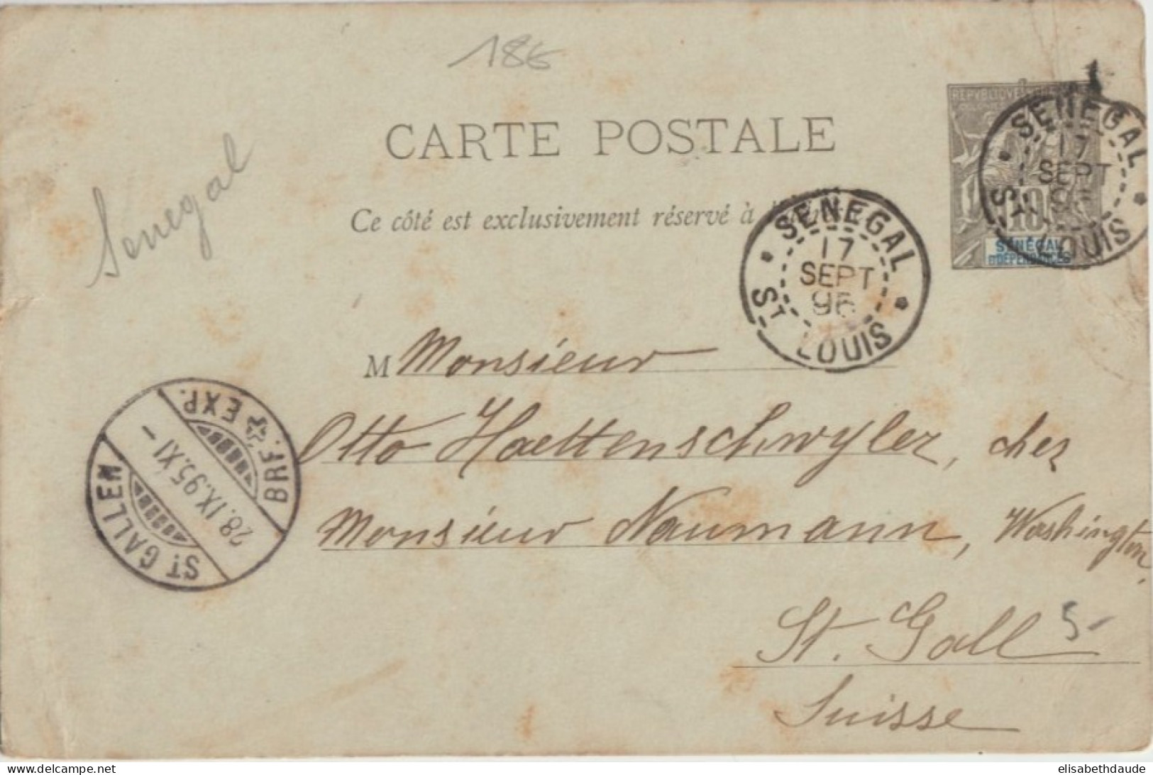 1895 - SENEGAL - CARTE ENTIER De SAINT LOUIS => ST GALL (SUISSE) ! - Briefe U. Dokumente