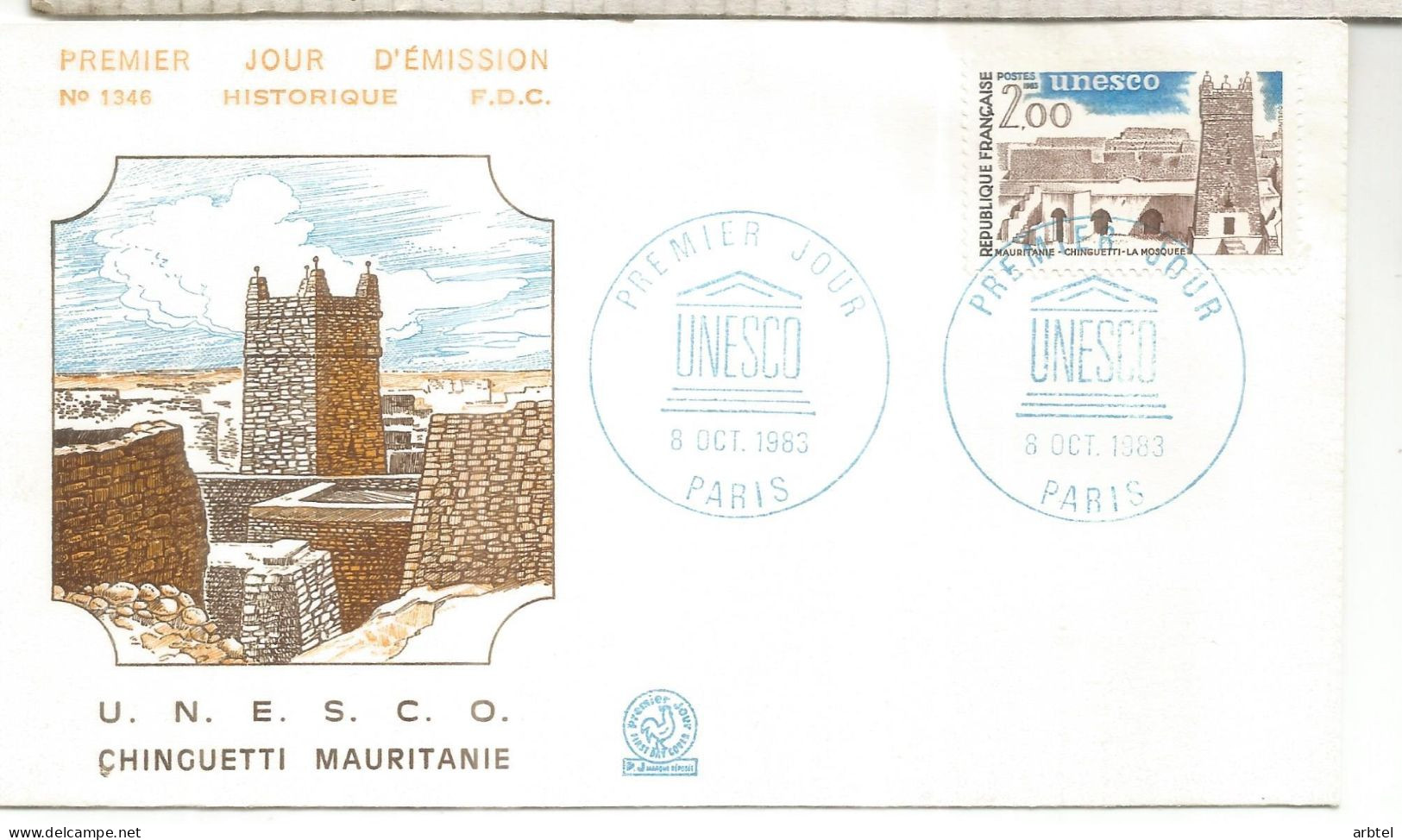 FRANCIA SPD FDC PARIS UNESCO CHINGUETTI MAURITANIA MEZQUITA MOSQUE - Mosques & Synagogues