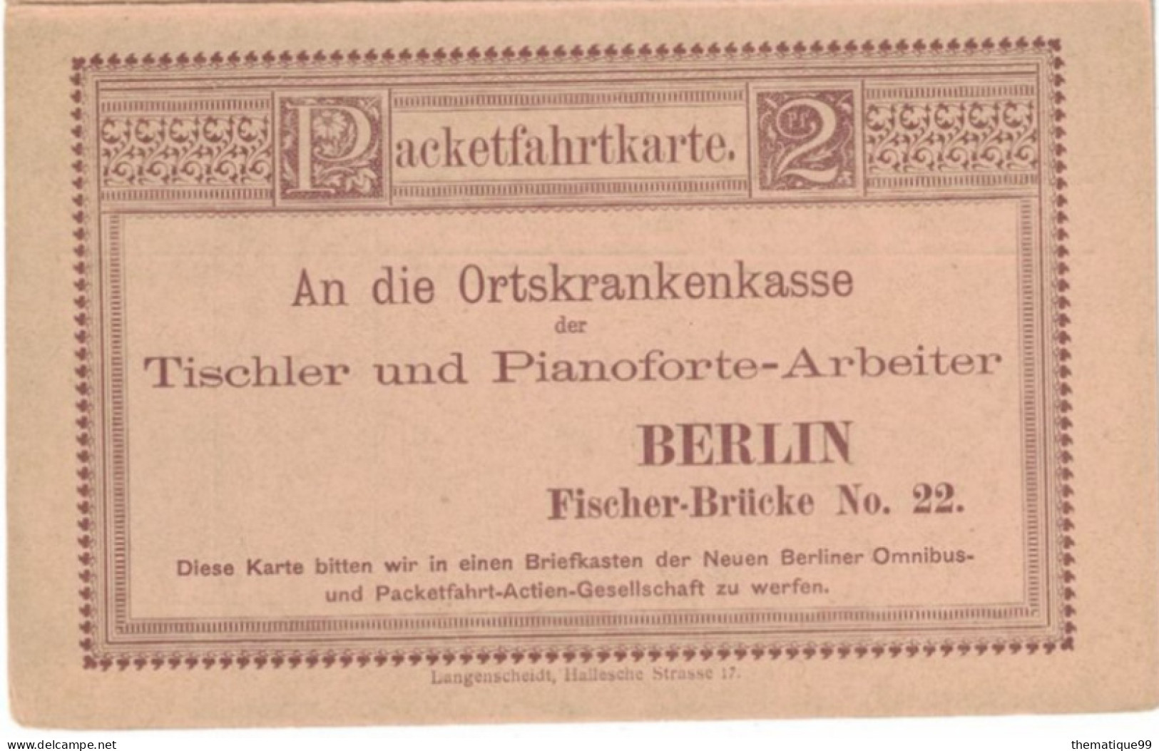 Entier De La Poste Locale Allemande De Berlin Avec Réponse Payée (1887) : Caisse Sociale Des Facteurs De Pianos - Musik