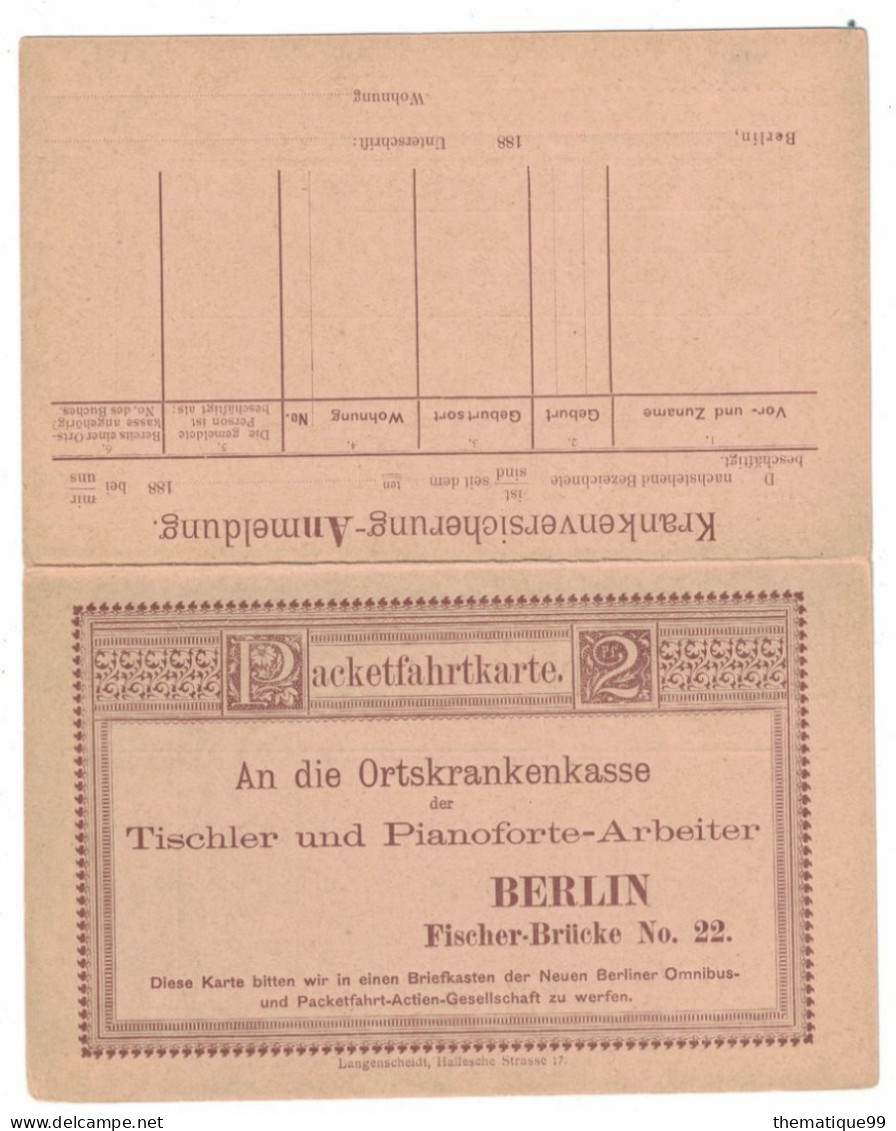 Entier De La Poste Locale Allemande De Berlin Avec Réponse Payée (1887) : Caisse Sociale Des Facteurs De Pianos - Musik